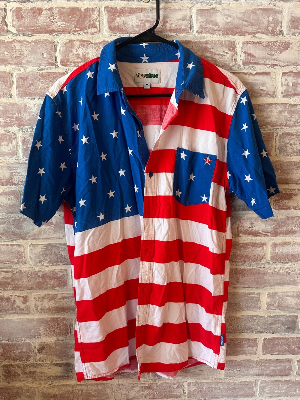 Tipsy Elves Men’s Button-Down Shirt - Red & White with Blue Star Panels